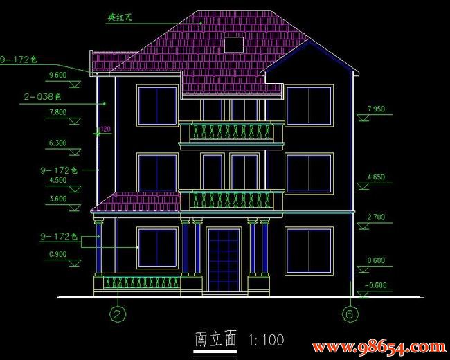 首层146平米3层别墅建筑施工图正立面图