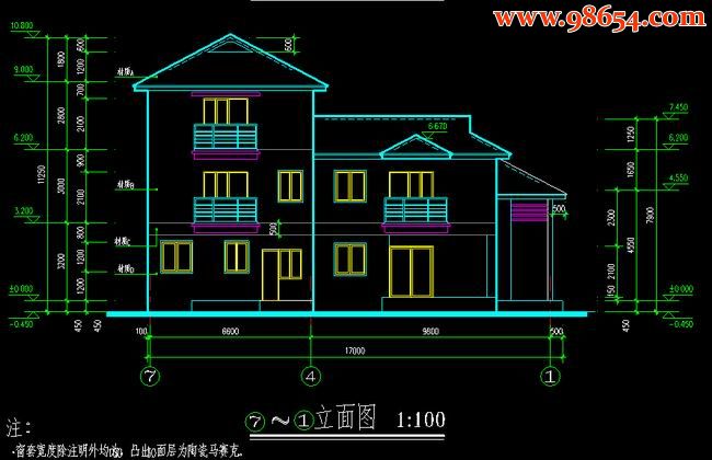 首层200平米3层农村独栋别墅施工图正立面图