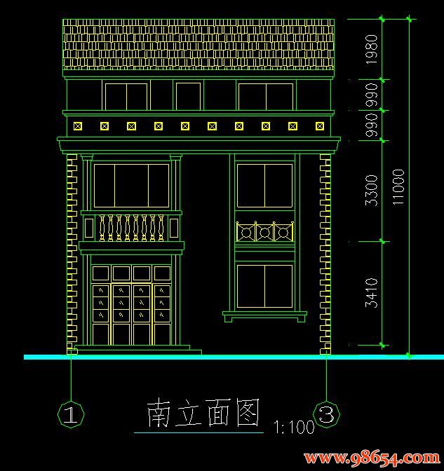 首层面积82平方米2层某别墅建筑结构施工图正立面图