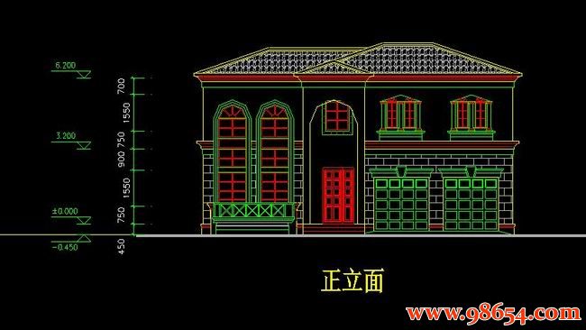 首层面积241平方米2层C2型别墅建筑施工图正立面图