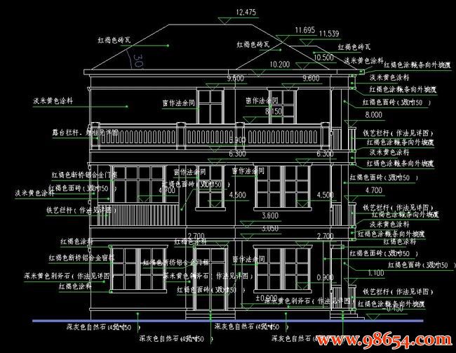 首层面积119平方米3层农村别墅设计施工图正立面图