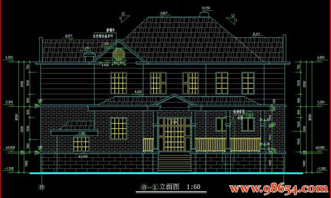 首层面积269平方米2层独栋别墅施工图正立面图