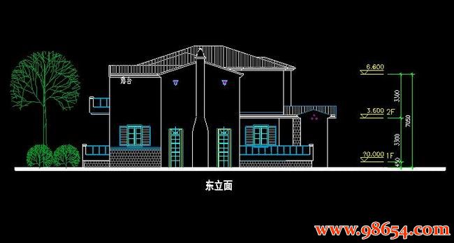 首层面积320平方米2层H型别墅施工图正立面图