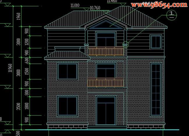 农村三层小别墅CAD图正立面图
