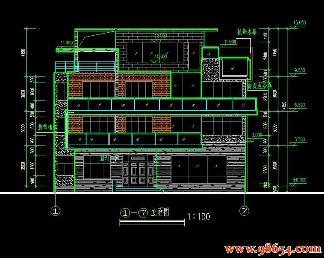 首层面积232平方米三层独栋别墅施工图正立面图