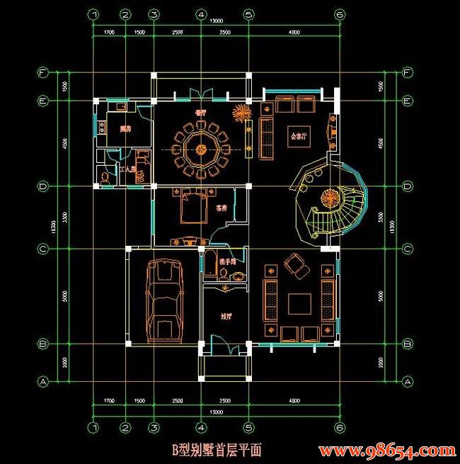 首层面积211平方米2层B型别墅设计施工图一楼平面图