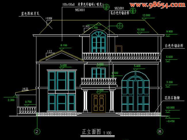 三层4室3厅3卫别墅建筑施工图正立面图