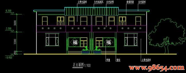 首层面积130平方米2层单套农村双拼别墅正立面图