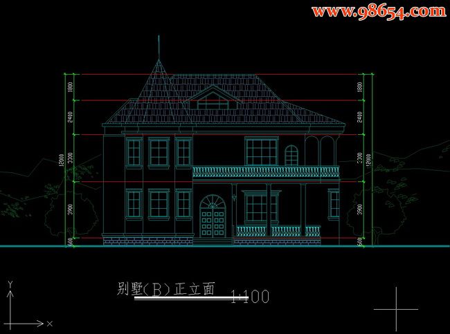 二层带地下车库别墅施工图正立面图