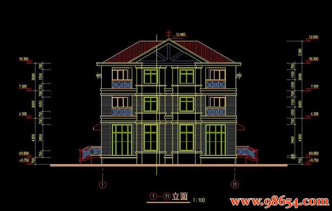 首层面积195平方米3层双拼别墅建筑施工图正立面图