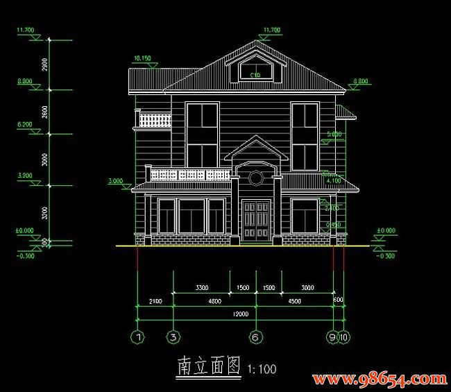 首层面积152平方米2层农村别墅设计施工图正立面图