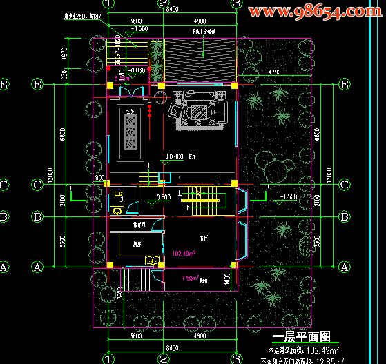 四层100平米雅园阁小区别墅施工图一楼平面图