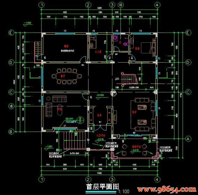 首层面积288平方米3层别墅建筑施工图一楼平面图