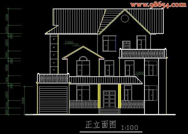 三层别墅设计CAD图纸正立面图