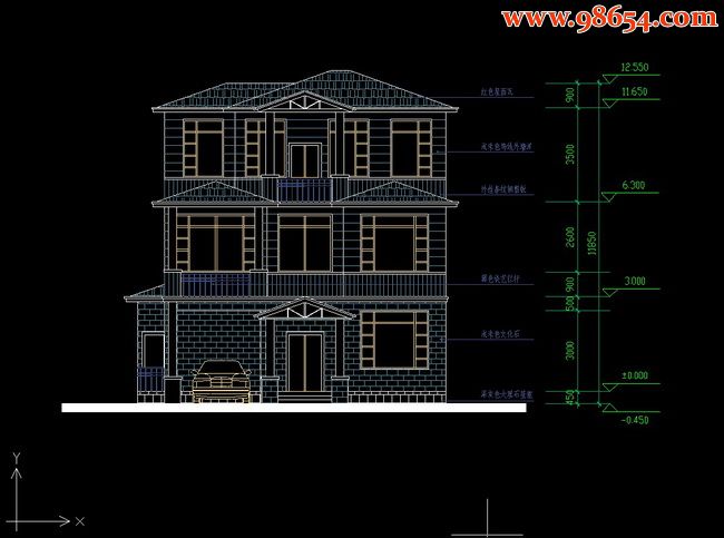 三层341平米别墅设计施工图I正立面图