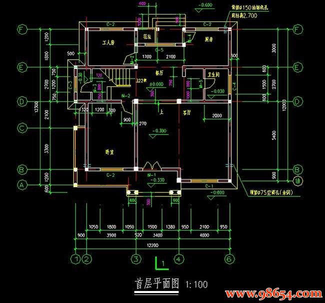 首层面积150平方米3层别墅建筑设计施工图一楼平面图