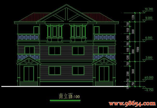 首层面积164平方米3层双拼别墅设计施工图正立面图