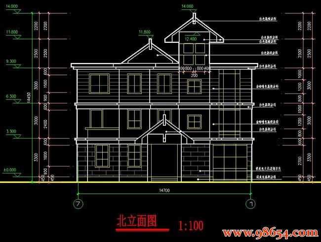 首层面积153平方米3层农村私人住宅设计图正立面图