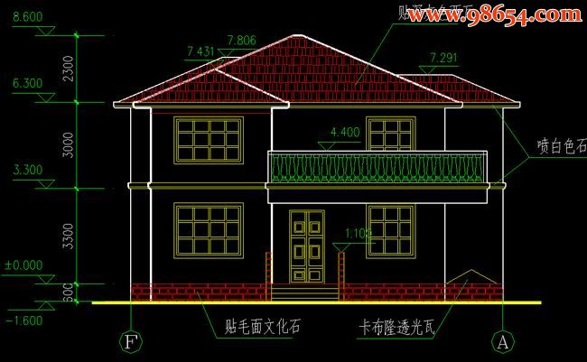 首层130平方米2层别墅B型施工图正立面图