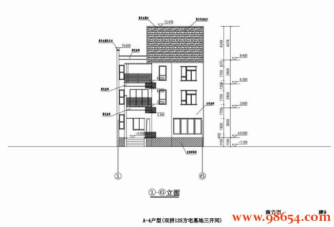 首层面积119平方米3层砖混别墅施工图正立面图