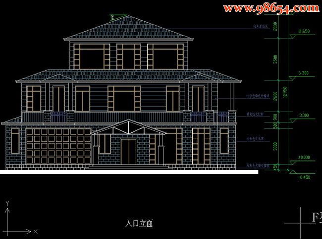 三层6室3厅6卫别墅设计施工图F正立面图