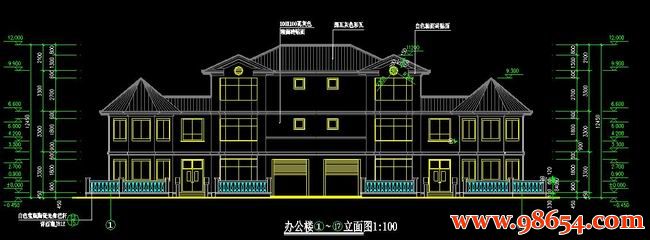 首层面积454平方米3层办公别墅设计图纸正立面图