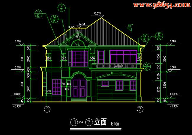 首层面积308平方米2层别墅建筑施工图正立面图