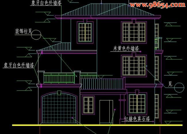 长沙某小区三层别墅建筑图正立面图