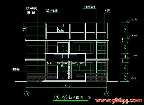 首层面积141平方米2层农村别墅建筑施工图正立面图