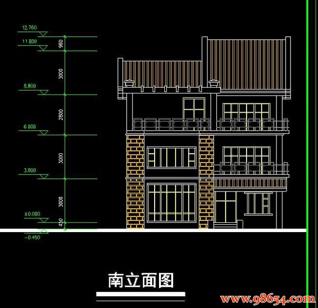 首层面积144平方米3层别墅平立剖建筑图正立面图