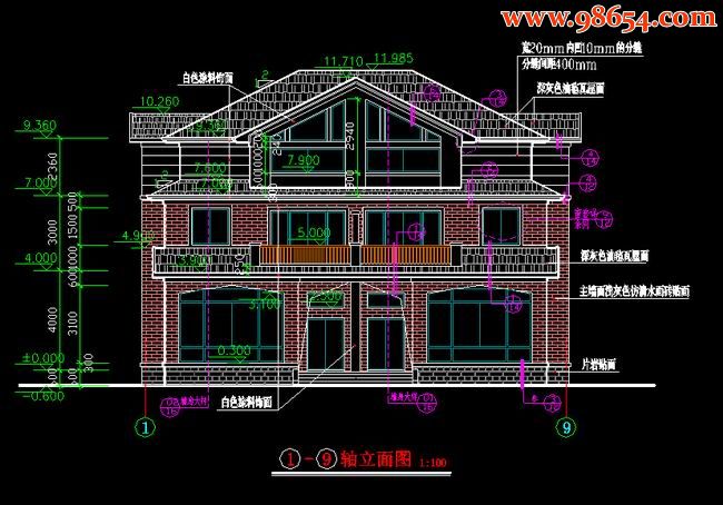 三层南方自建住宅别墅施工图正立面图