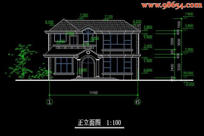 两层3室2厅3卫农村改造别墅施工图正立面图