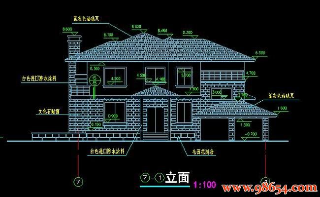 首层面积252平方米2层独栋别墅建筑施工图正立面图