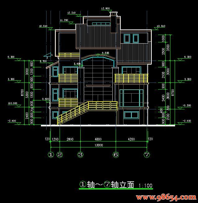 首层面积187平方米3层农村独栋豪华别墅设计图正立面图