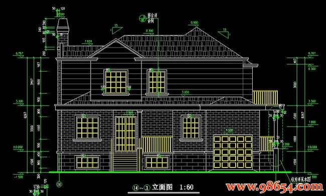 首层面积218平方米2层带地下室别墅施工图正立面图