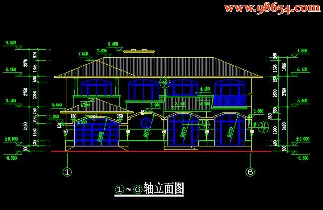 两层5室2厅5卫小区住宅楼设计图正立面图