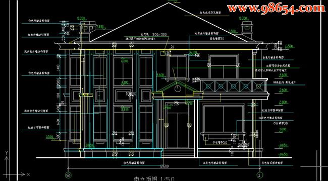 两层宽敞别墅详细建筑图纸正立面图