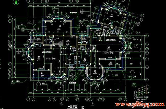 首层面积347平方米2层双拼别墅设计施工图一楼平面图