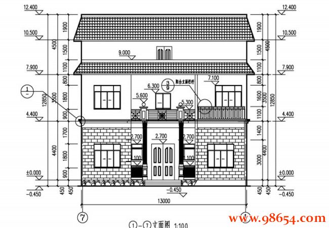 首层面积182平方米三层精致别墅设计图正立面图