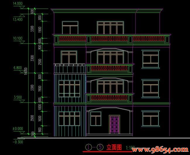 首层面积165平方米4层独栋多套住宅施工图正立面图