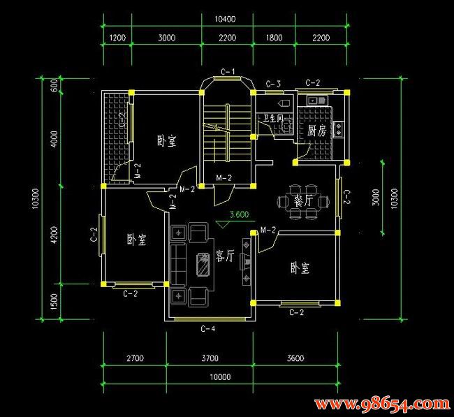 首层面积103平方米2层别墅建筑施工图一楼平面图