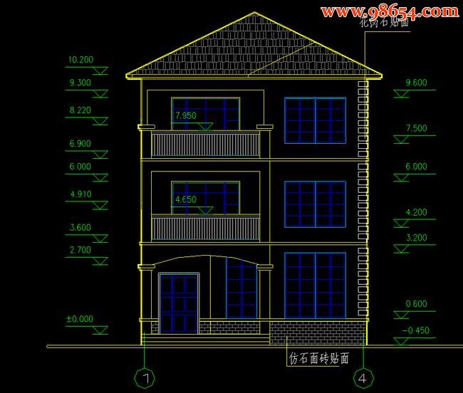 三层4室4厅3卫别墅全套建筑结构图正立面图