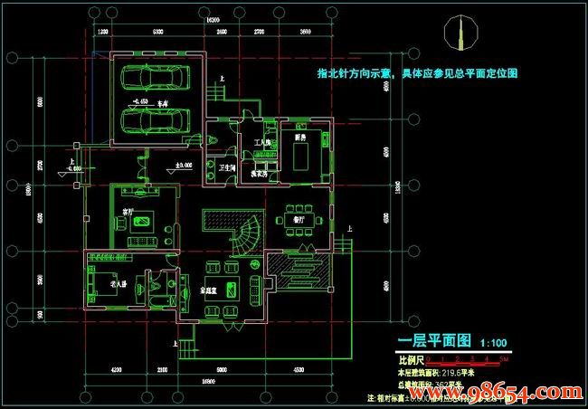 首层面积302平方米2层框架结构别墅施工图一楼平面图