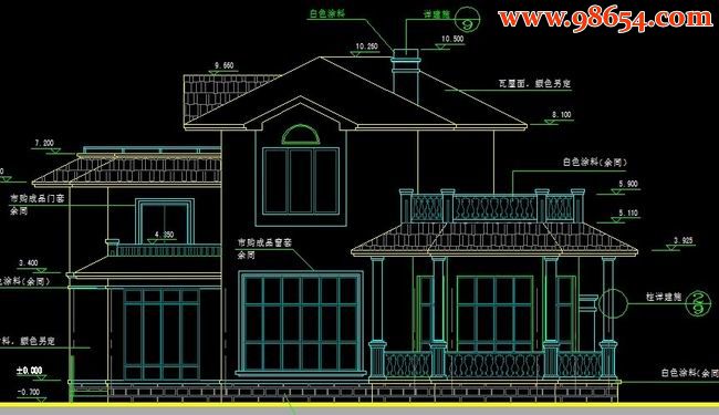 三层别墅设计全套CAD图 正立面图