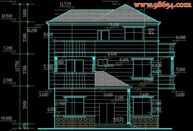 某地三层别墅设计建施图正立面图