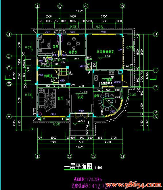 首层面积168平方米3层新农村全套别墅设计施工图一楼平面图