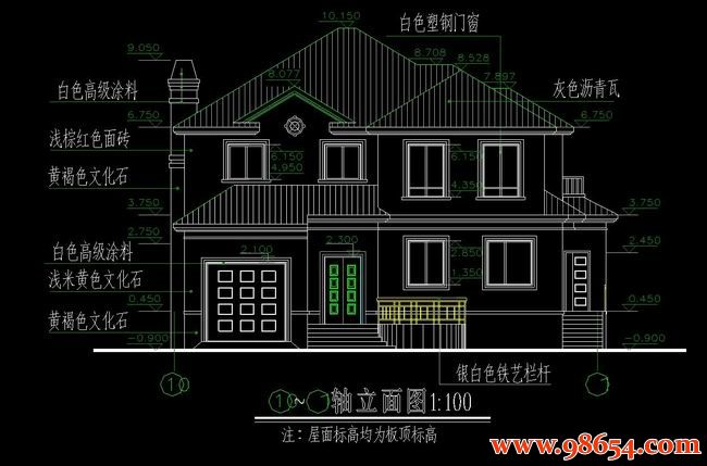 首层面积220平方米2层欧式坡屋顶别墅施工图正立面图