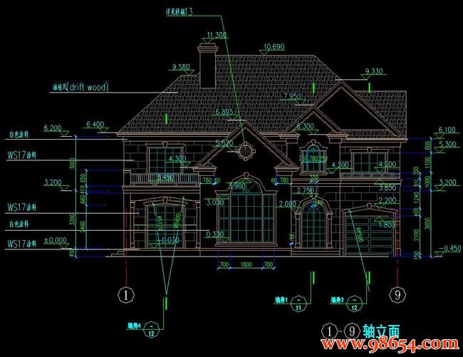 首层面积213平方米2层农村住宅别墅方案施工图正立面图