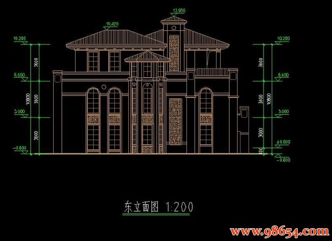 首层面积187平方米3层带地下室独栋别墅施工图正立面图