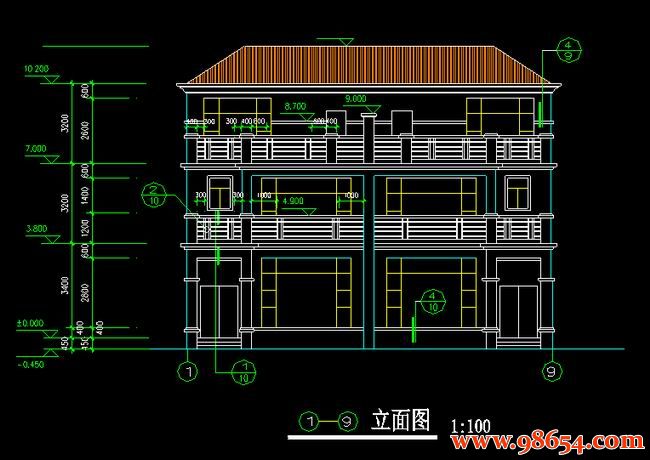 首层面积179平方米三层双拼现代别墅正立面图